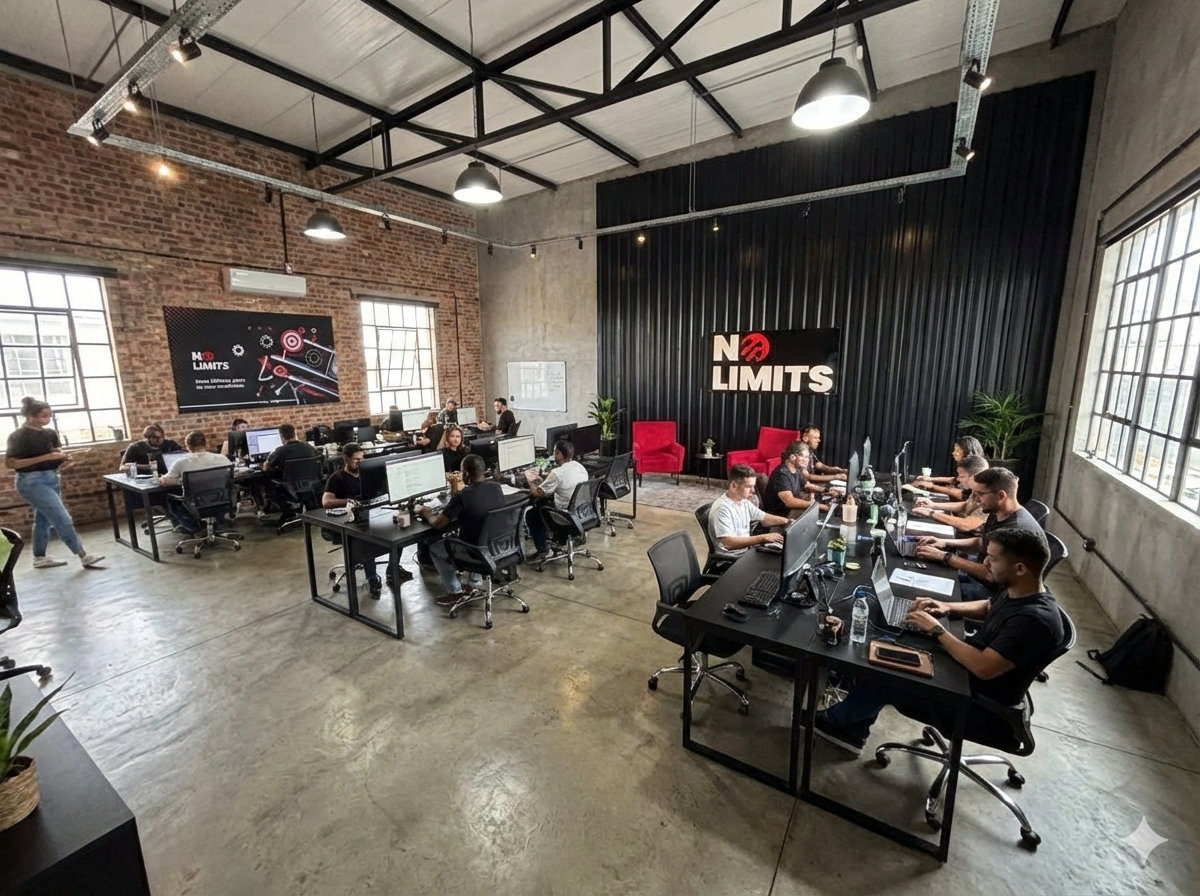 Escritório No Limits - Equipe completa trabalhando